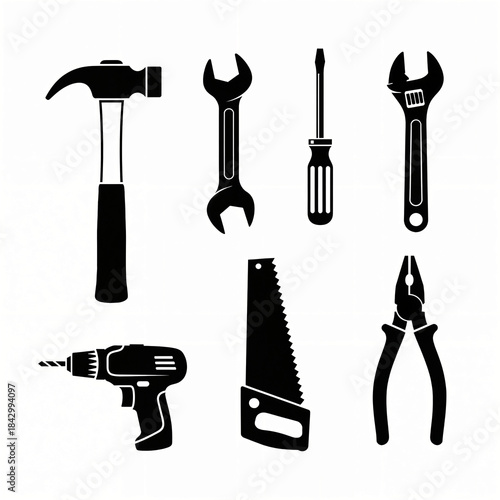 Black and White Hand Tools Vector Icons Set with Hammer Wrench Screwdriver and Drill
