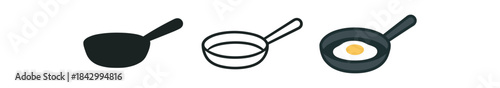 frying pan icons three frying pan side view icons one flat solid monochrome one thin black outline black and white one full color flat icon dark gray with egg shape