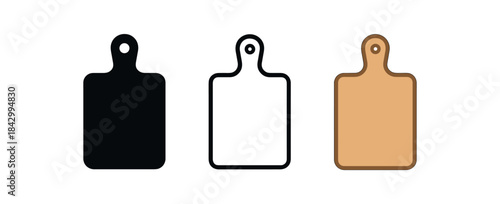 cutting board icons three rectangular cutting board icons one flat solid monochrome one thin black outline black and white one full color flat icon light wood tone