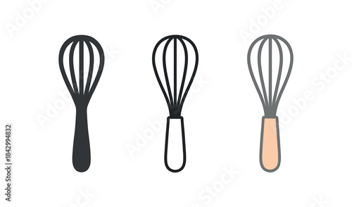whisk icons three kitchen whisk icons one flat solid monochrome one thin black outline black and white one full color flat icon gray with pastel handle