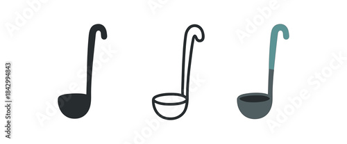 ladle icons three soup ladle icons one flat solid monochrome one thin black outline black and white one full color flat icon gray with teal handle