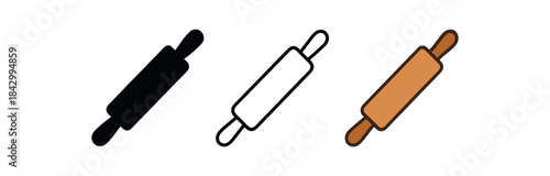 rolling pin icons three rolling pin icons one flat solid monochrome one thin black outline black and white one full color flat icon warm wood brown