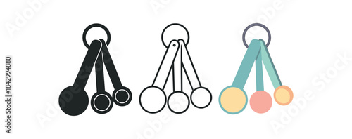 measuring spoon icons three bunch of measuring spoons icons one flat solid monochrome one thin black outline black and white one full color flat icon soft pastel colors