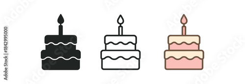 birthday cake icons three layered cake with candle icons one flat solid monochrome one thin black outline black and white one full color flat icon cream and pink