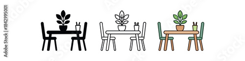 Flat vector illustration coworking tables with shared plants pencil jars and no clutter soft rounded forms clean outline one black and white flat version one outline version one color