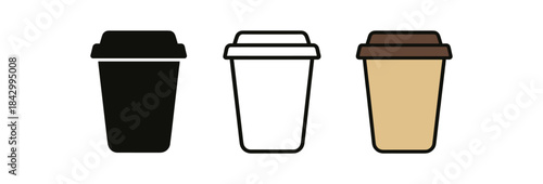 coffee cup icons three takeaway coffee cup icons one flat solid monochrome one thin black outline black and white one full color flat icon beige cup with brown lid