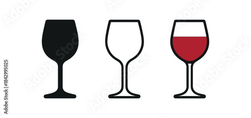 wine glass icons three wine glass silhouettes one flat solid monochrome one thin black outline black and white one full color flat icon with red wine fill