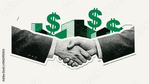 Halftone illustration of a business handshake with dollar signs representing financial agreement and urban development.