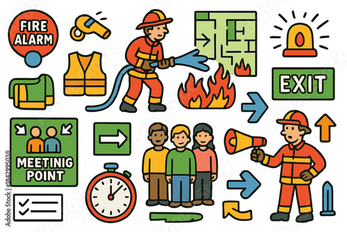 Emergency preparedness flat icon set. featuring firefighter, fire alarm, exit, meeting point, and whistle symbols