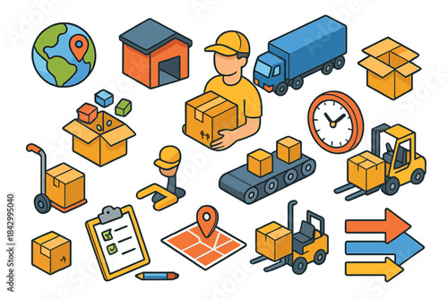 Logistics and delivery flat icon set. featuring truck, warehouse, package, forklift, conveyor, and map symbols
