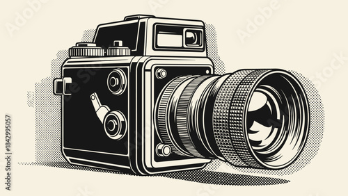 Detailed vector illustration of a vintage professional film camera with classic halftone effects.