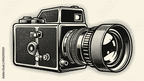 Black and white vector illustration of a detailed vintage film camera with a large telephoto lens.