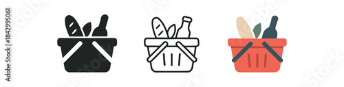 grocery basket icons three shopping basket with simple food silhouettes icons one flat solid monochrome one thin black outline black and white one full color flat icon red or teal
