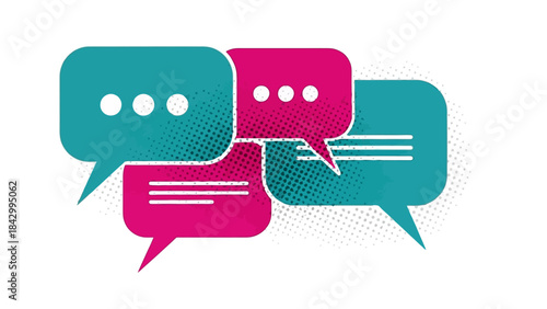 Group of three vibrant textured speech bubbles symbolizing digital conversation and rapid communication.
