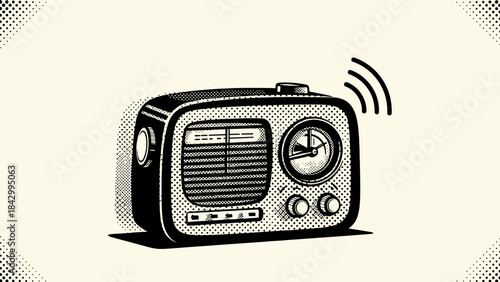 Classic black and white analog radio illustration with halftone patterns broadcasting a signal.