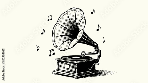 Classic retro gramophone playing music, rendered in a detailed black and white halftone vector style.