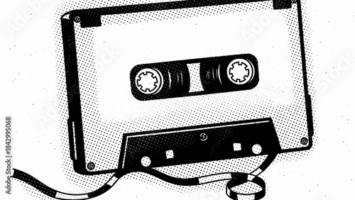 A bold, black and white halftone illustration of a vintage audio cassette with tangled magnetic tape.