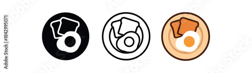 breakfast plate icons three plates with egg and toast silhouettes one flat solid monochrome one thin black outline black and white one full color flat icon warm breakfast colors