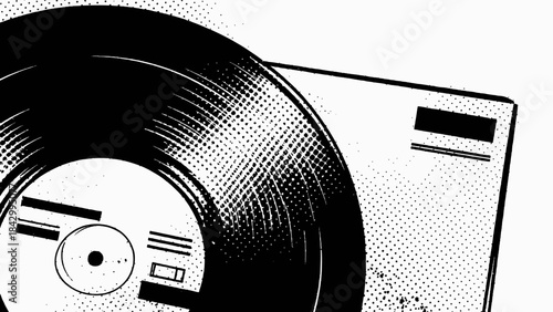 Abstract black and white vector illustration of a vintage vinyl record on a grunge background.