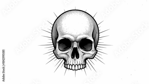 Vintage dotwork skull illustration with radial sunburst rays, isolated on white background.