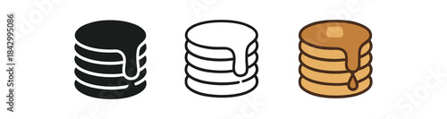 pancake stack icons three pancake tower with syrup drop icons one flat solid monochrome one thin black outline black and white one full color flat icon golden brown with butter dot