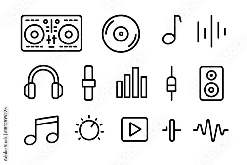 Music and sound linear icons set. featuring dj, vinyl, music note, headphones, equalizer, speaker, play button
