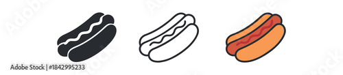 hot dog icons three hot dog bun icons one flat solid monochrome one thin black outline black and white one full color flat icon bun color with red line