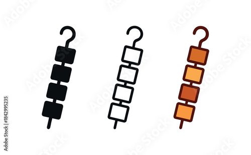 kebab skewer icons three skewers with simple cube shapes icons one flat solid monochrome one thin black outline black and white one full color flat icon grilled warm tones