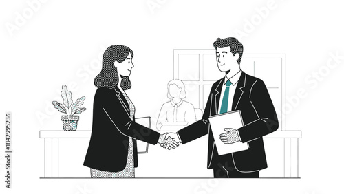 Professional business colleagues shaking hands over a desk, finalizing an important agreement.