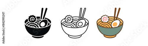 ramen icons three ramen bowls with egg and swirl shapes icons one flat solid monochrome one thin black outline black and white one full color flat icon cozy soup colors