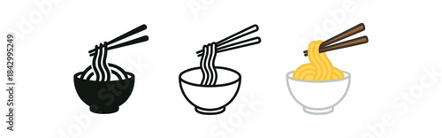 noodle bowl icons three bowl with noodles and chopsticks icons one flat solid monochrome one thin black outline black and white one full color flat icon white bowl with noodles