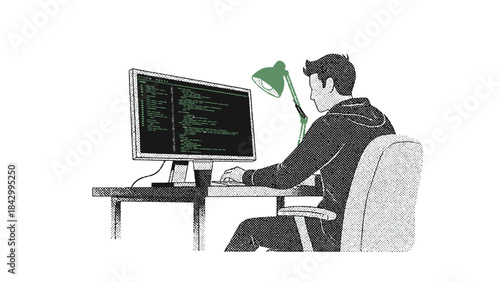 Illustrative depiction of a programmer coding intensely at a computer workstation.