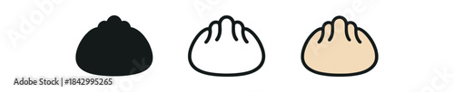 dumpling icons three dumpling silhouettes one flat solid monochrome one thin black outline black and white one full color flat icon light beige
