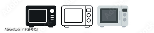 microwave icons three front view microwave icons one flat solid monochrome one thin black outline black and white one full color flat icon light gray
