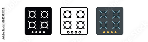 gas stove icons three cooktop with four burner silhouettes one flat solid monochrome one thin black outline black and white one full color flat icon dark gray