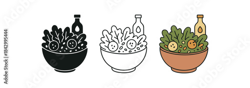 Flat vector illustration salad bowls with fresh greens seeds and dressing soft rounded silhouettes clean outline one black and white flat version one outline version one color version slow