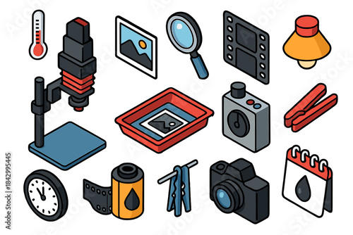 Photography equipment flat icon set. featuring thermometer, enlarger, film, magnifier, and timer symbols