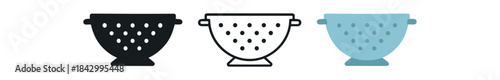 colander icons three colander bowl icons one flat solid monochrome one thin black outline black and white one full color flat icon pastel blue