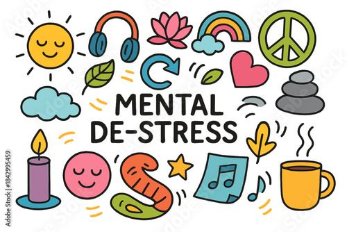 Mental de-stress flat icon set. featuring meditation, music, peace, nature, and relaxation symbols