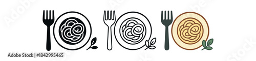 Flat vector illustration simple pasta dishes plate fork and sprig of herb soft rounded forms clean outline one black and white flat version one outline version one color version slow food