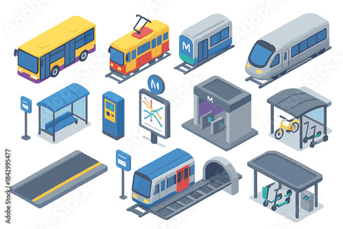 Public transport isometric icon set. featuring bus, tram, subway, train, station, ticket machine, and shelter