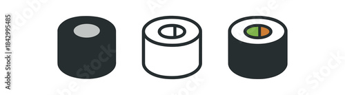 sushi roll icons three maki sushi roll icons one flat solid monochrome one thin black outline black and white one full color flat icon black nori with green and orange center
