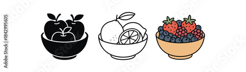 Flat vector illustration seasonal fruit bowls apples citrus and berries soft rounded forms clean outline one black and white flat version one outline version one color version slow food
