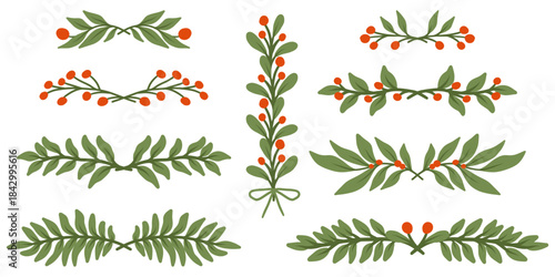Large set of Christmas wreaths made of holly leaves and berries. Vector illustrations isolated on a white background.