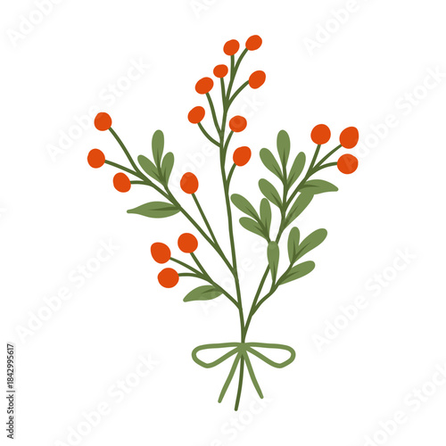 Vector illustration of a branch of red berries and holly leaves with a green bow. Festive winter floral element in a flat, minimalist design. 