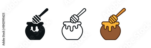 honey pot icons three honey pot with dipper icons one flat solid monochrome one thin black outline black and white one full color flat icon golden honey and brown pot