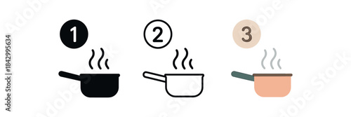 recipe step icons three numbered circle over small pan icons one flat solid monochrome one thin black outline black and white one full color flat icon soft kitchen colors