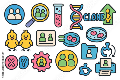 Biology and genetics linear icon set. featuring dna, cloning, cells, experiment, lab, and microscope symbols