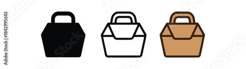 food delivery box icons three takeout box silhouettes one flat solid monochrome one thin black outline black and white one full color flat icon kraft brown