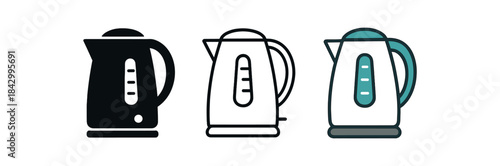 electric kettle icons three electric kettle icons one flat solid monochrome one thin black outline black and white one full color flat icon white with teal accent
